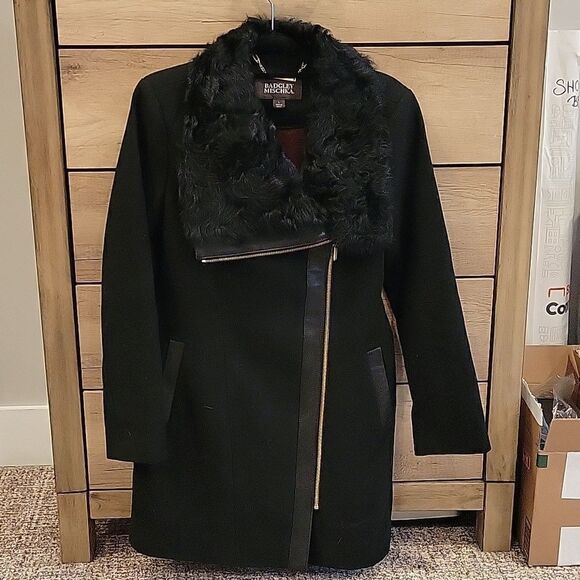 NEW Badgley Mischka willow leather trim fur collar zip coat size L - Picture 2 of 8